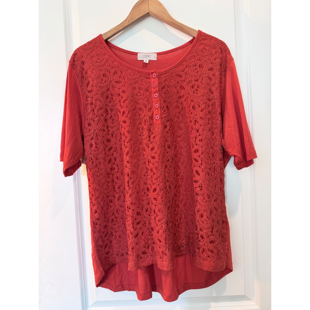 Shannon Ford New York Women 3X Orange Lace Front Henley Short Sleeve Top